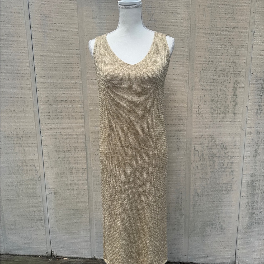 Yunika Metallic Cream Tan Knit Sheath Maxi Dress Sleeveless